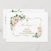 チャーム赤面花金ゴールド女の子1st誕生日バプテスマ サンキューカード (正面/裏面)