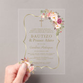 チャーム金ゴールドピンク赤面花1st誕生日バプテスマ アクリル招待状 (インサイチュ (ポータブル))