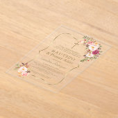 チャーム金ゴールドピンク赤面花1st誕生日バプテスマ アクリル招待状 (レイダウン)