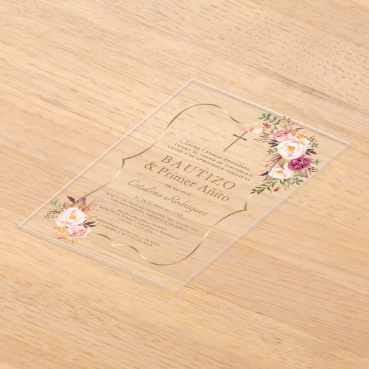 チャーム金ゴールドピンク赤面花1st誕生日バプテスマ アクリル招待状 (レイダウン)