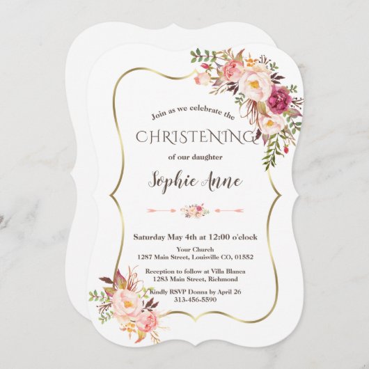 チャーム金ゴールドフレーム赤面ピンクフローラ《キリスト教》洗礼式や命名式 招待状 (正面/裏面)