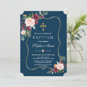 チャーム金ゴールドブルゴーニュ赤面フローラネイビーブルーバプテスマ 招待状 (スタンド正面)