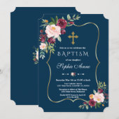 チャーム金ゴールドブルゴーニュ赤面フローラネイビーブルーバプテスマ 招待状 (正面/裏面)