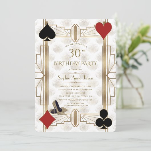 チャーム金ゴールドベガスカジノトランプのポーカー女性30th誕生日 招待状 (スタンド正面)