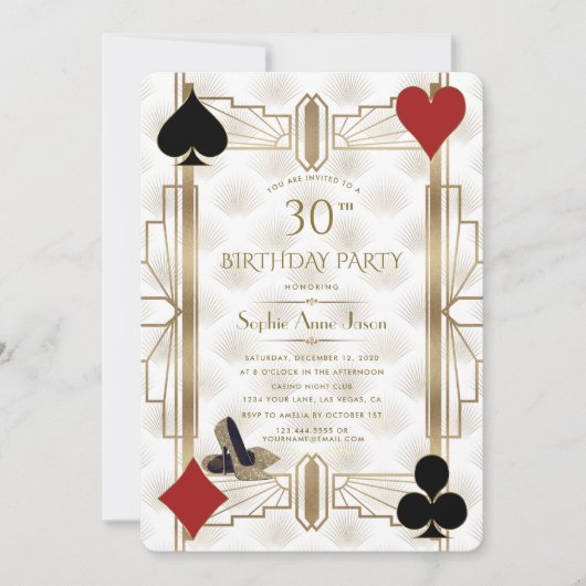 チャーム金ゴールドベガスカジノトランプのポーカー女性30th誕生日 招待状 (正面)