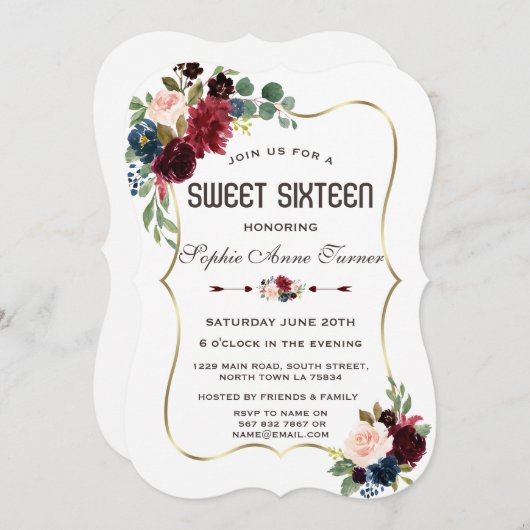 チャーム金ゴールドメルロネイビーブルーフローラスウィート16 招待状 (正面/裏面)