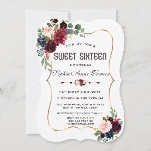 チャーム金ゴールドメルロネイビーブルーフローラスウィート16 招待状 (正面)