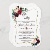 チャーム金ゴールドメルロネイビーブルーフローラベビーシャワー 招待状 (正面/裏面)