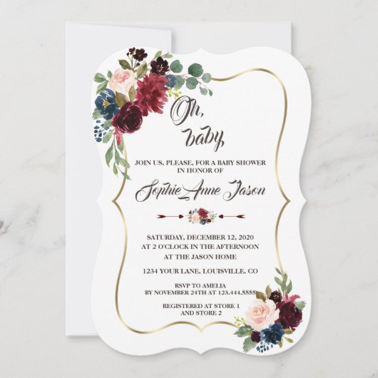 チャーム金ゴールドメルロネイビーブルーフローラベビーシャワー 招待状 (正面)