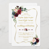 チャーム金ゴールドメルロネイビーブルーフローラ結婚ズ 招待状 (正面/裏面)