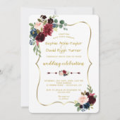 チャーム金ゴールドメルロネイビーブルーフローラ結婚ズ 招待状 (正面)