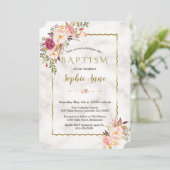 チャーム金ゴールド水彩赤面ピンクフローラバプテスマ 招待状 (スタンド正面)