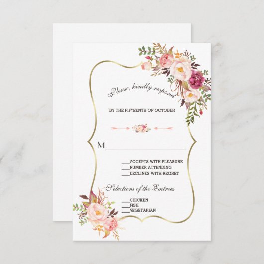 チャーム金ゴールド赤面ピンクフローラウェディングRSVP 出欠カード (正面/裏面)