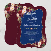 チャーム ネイビーブルー ワインレッド 花柄 ブランチ & バブル 招待状 (正面/裏面)