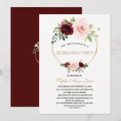 チャーム バーガンディー ブラッシュ フラワーズ ゴールド リタイアメントパーティー 招待状 (正面/裏面)