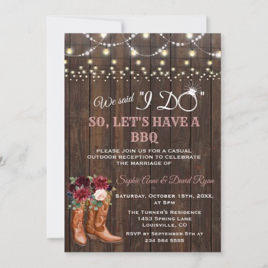 チャーム バーガンディ ピンク カウボーイ ブーツ アフター アイ ドゥ BBQ 招待状 (正面)
