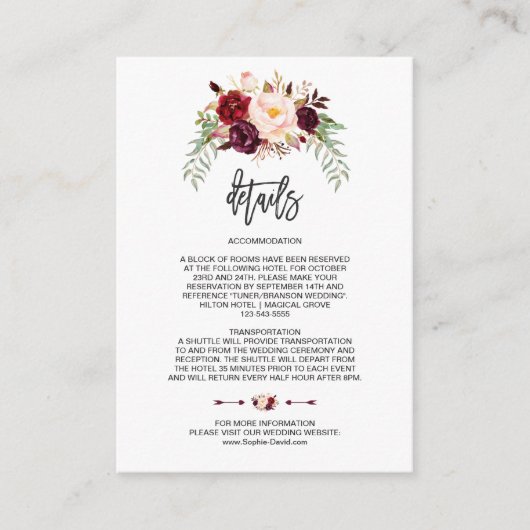 チャーム バーガンディ フローラル ウェディング ハンドライティング ディテールズ エンクロージャーカード (正面)