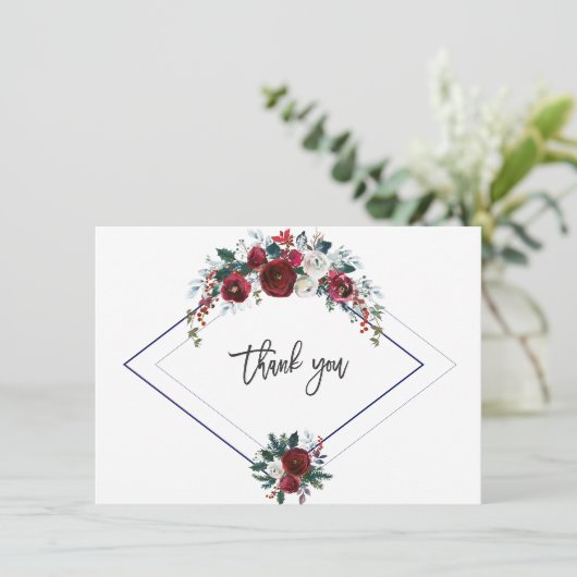 チャーム バーガンディ フローラル パイン ネイビー ウェディング サンクス サンキューカード (スタンド正面)