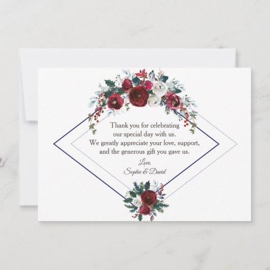 チャーム バーガンディ フローラル パイン ネイビー ウェディング サンクス サンキューカード (裏面)