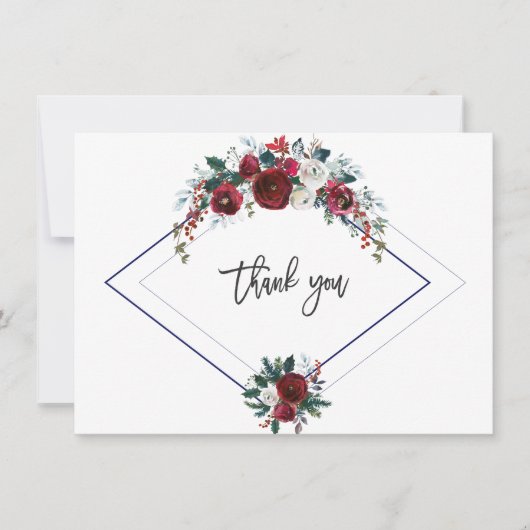 チャーム バーガンディ フローラル パイン ネイビー ウェディング サンクス サンキューカード (正面)