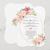 チャーム ピンク ブラッシュ フラワーズ ゴールド フレーム ウェディング 招待状 (正面/裏面)