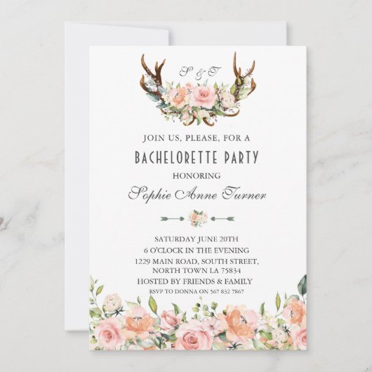 チャーム ピンク ブラッシュ フラワーレース アントラー バチェロレッテパーティー 招待状 (正面)