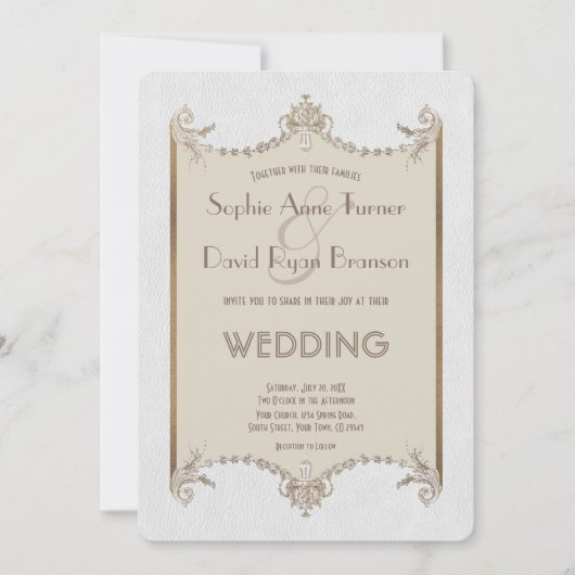 チャーム フラワーリング アートデコ 20年代 白革 ウェディング 招待状 (正面)