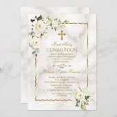 チャーム ホワイト フラワーズ ゴールド ファースト ホーリー コミュニオン 招待状 (正面/裏面)