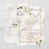 チャーム ホワイト フラワーズ ゴールド ファースト ホーリー コミュニオン 招待状 (正面/裏面)