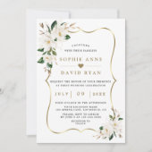 チャーム ホワイト マグノリア ゴールド フローラル ウェディング 招待状 (正面)