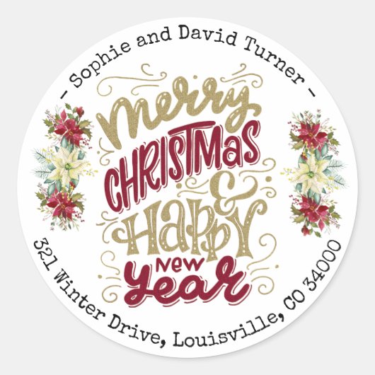 チャーム メリークリスマス ハッピーニューイヤー タイポグラフィー ラウンドシール (正面)