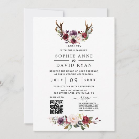 チャームQRコード水彩花〔雄ジカの〕枝角結婚 招待状 (正面)