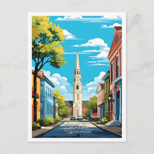チャールストンサウスカロライナ旅行イラストレーション ポストカード (正面)