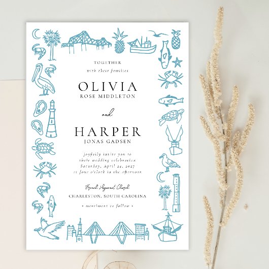 チャールストントイ縁どレインブルー結婚式招待状 招待状