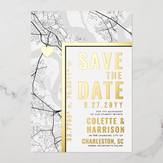 チャールストン・ラブ・ロケーター|結婚式のSave the Date 箔招待状 (正面)