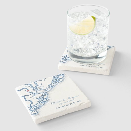 チャールストンSCマップエレガントネイビーブルー結婚式の引き出物 ストーンコースター (横)