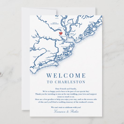 チャールストンSC結婚のウェルカム旅程ネイビーブルー サンキューカード (正面)