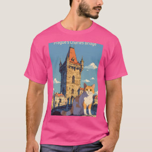 チャールズブリッジプラハ夢キャットポスター80Sアニメ Tシャツ