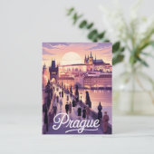 チャールズ橋と城をフィーチャーしたプラハの夕日 ポストカード (スタンド正面)
