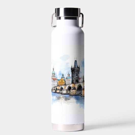 チャールズ橋の水彩古いプラハ ウォーターボトル (正面)