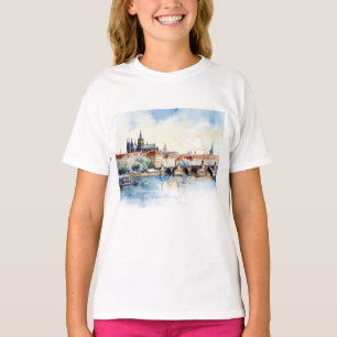 チャールズ橋の水彩古いプラハ Tシャツ