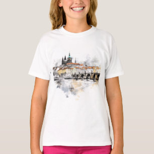 チャールズ橋の水彩古いプラハ Tシャツ