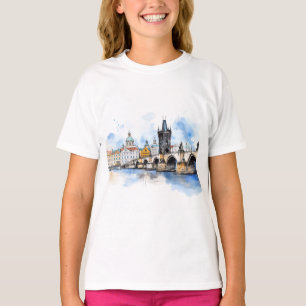 チャールズ橋の水彩古いプラハ Tシャツ