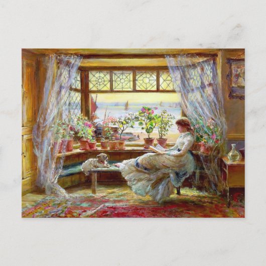 チャールズ・ジェームズ・ルイスによる「本を読む女性」の絵画 ポストカード (正面)