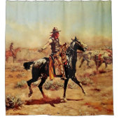 チャールズ・M・ラッセルによる「アルカリで」西欧アート シャワーカーテン (正面)