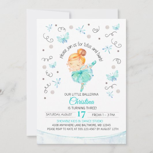 チュチュおよび回転のバレリーナの誕生日の招待状 招待状 (正面)