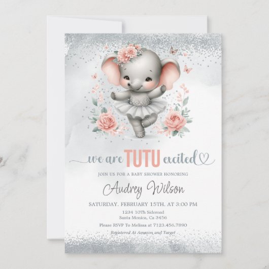 チュチュがとってもうれしいバレリーナ・エレファント・ベイビーシャワー 招待状 (正面)