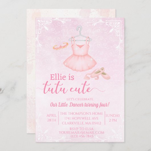 チュチュがとってもかわいいピンクのバレリーナの水彩招待状 招待状 (正面/裏面)