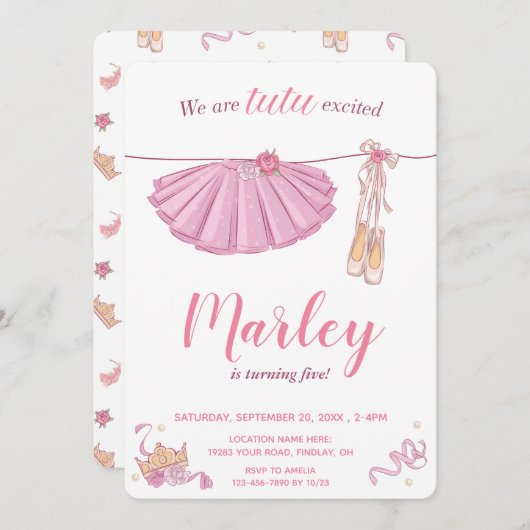 チュチュがとっても嬉しいバレリーナの誕生日パーティー（どんな年齢でも） 招待状 (正面/裏面)
