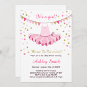 チュチュのベビーシャワーの招待状の女の子のピンクの金ゴールドのグリッター 招待状 (正面/裏面)